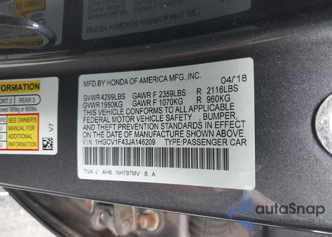 2018 Honda Accord Ex from USA, damaged, VIN 1HGCV1F43JA146209